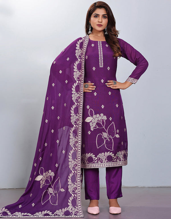 stylish purple viscose designer party wear readymade salwar suit with purple gadwal silk 13636-acy3930 Front View